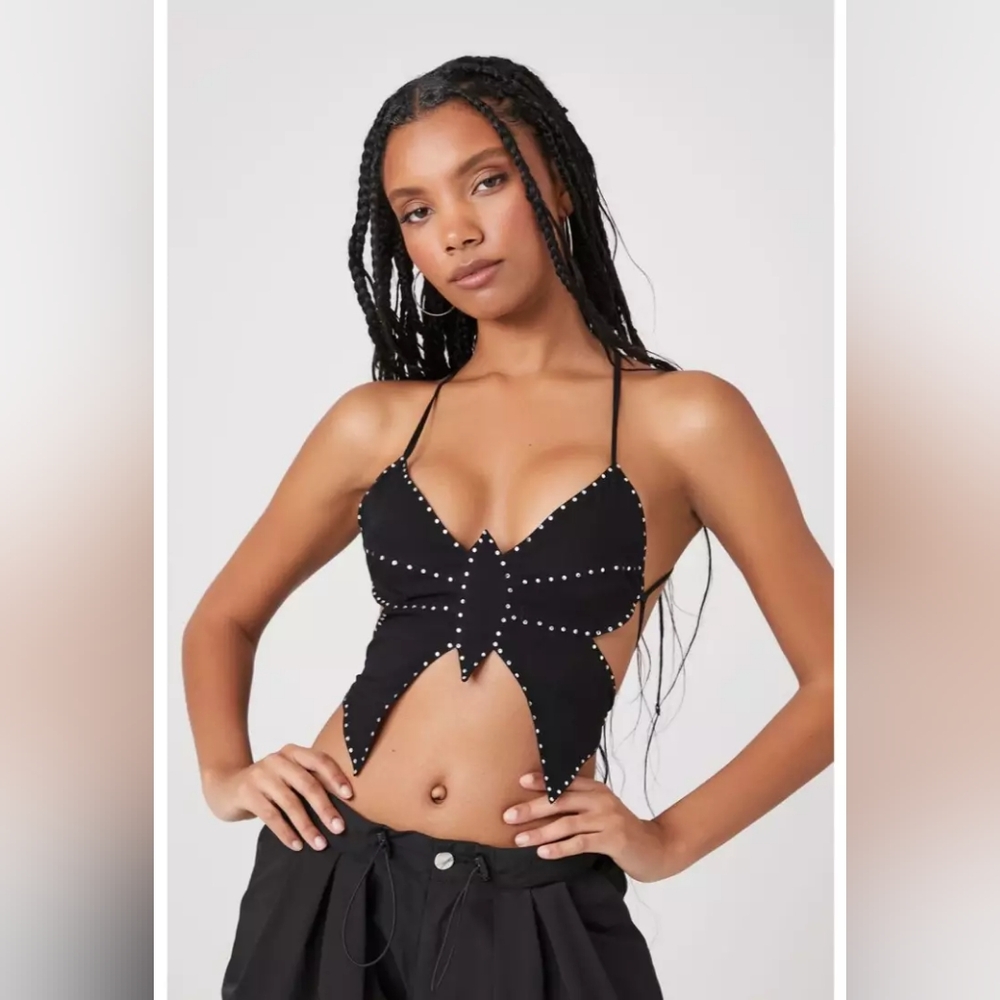 Forever 21 Rhinestone Butterfly Halter Top L Black